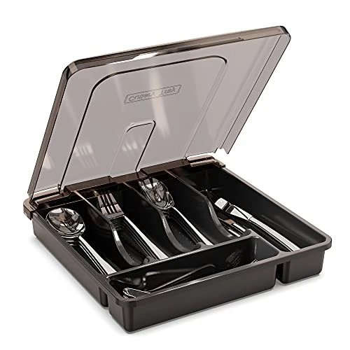 Utensil Holder For Countertop With Lid, Plastic Silverware Tray For Drawer, 5 Compartments Flatware Organizer, Black