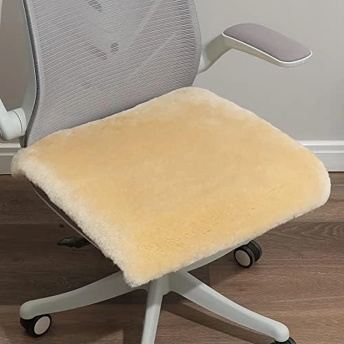 Sheepskin Chair Cushion Non-Slip Back Square Genuine Fur Chair Cover Silky Natural Wool Seat Cushion Pad Soft Area Rugs Carpet For Home Office Restaurant Chair 18x18 Inch (Pack Of 1), Ivory White - Image 4