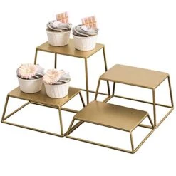 Modern Brass Tone Metal Nesting Buffet Table Food Or Retail Display Risers, Set Of 4