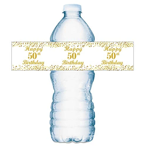 50th Birthday Water Bottle Labels; Set Of 20 Waterproof Water Bottle Wrappers; Gold And White. Happy Birthday Labels