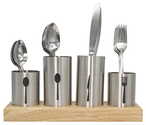 Silverware Holder With Caddy For Spoons, Knives Forks, Etc β Ideal For Kitchen, Dining, Entertaining, Buffet, Picnic, And More β Stainless Steel With Bamboo Wood Base - Image 3