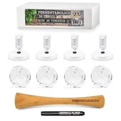 Mason Jar Fermentation Kit | Wide Mouth Jar Lacto-Fermentation Pickling Kit |Includes 4 Fermentation Lids, 4 Fermentation Glass Weights, Bamboo Sauerkraut Tamper, & Wet Erase Glass Marker