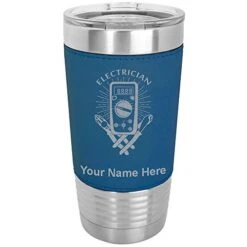 20oz Vacuum Insulated Tumbler Mug, Electrician, Personalized Engraving Included (Faux Leather, Blue)