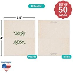 Greenery Place Cards (Set Of 50) 3.5" X 2" - Blank Tent Cards For Name Food Table Setting Dinner Party Seating Wedding Rustic Green Leaves Tan - Made In USA