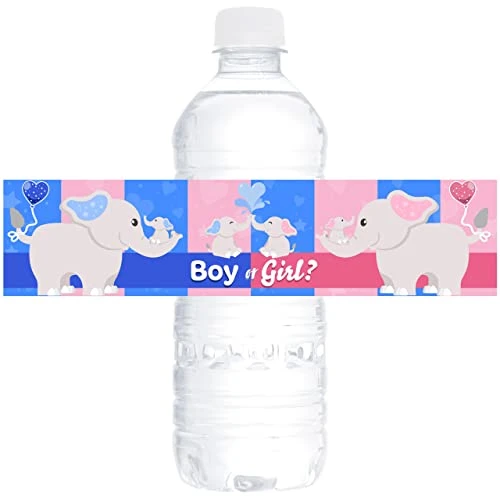 Uper Cute, Waterproof, Boy Or Girl? Water Bottle Label 24 PK. Fun, Elephant Party Favor Design. Durable, Pink And Blue Favors For Baby Shower, Sprinkles Or Gender Reveal. Guests Love Our Drink Labels