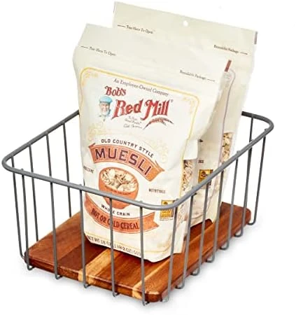 Ria Safford Collection Pantry Wire Basket With Acacia Wood, 10" X 8" X 5" - Image 8