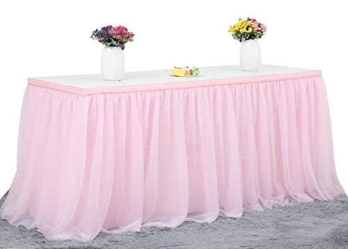 Pink Table Skirt Birthday Party Tulle Table Skirt Baby Shower Round And Rectangle Tutu Table Decoration Table Cloth For Girl Gender Reveal Wedding(L6(ft), H30in)