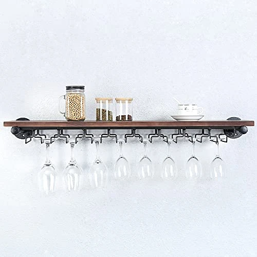 Industrial Pipe Shelving Hanging Stemware Racks,Rustic Wall Mounted Wine Rack With 8 Glass Holder,Steampunk Iron Floating Bar Shelves Stemware Holder,36in Metal Real Wood Shelf Wall Shelf