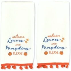 Decorative Fall Sayings Fingertip Towels: Embroidered Whimsical Autumn Leaves And Pumpkins Please Design With Fringe Pom Poms On Plush Cream White, 2 Piece Set, 11" X 18" Inch