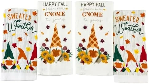 Farmhouse Fall Kitchen Towels: Natural Autumn Colored Falling Leaves And Acorns And Plaid With Pumpkin Applique, Cotton Flat Weave - Image 10