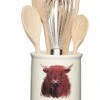 Kitchen Craft Apple Farm Hand-Finished 'Hamish Highland Cow' Ceramic Utensil Holder, 12.5 X 12.5 X 14.5 Cm (5" X 5" X 5.5") -Cream/Sage Green, 12.5 X 12.5 X 14.6 Cm, Multi-Colour