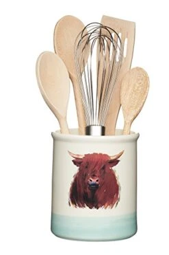 Kitchen Craft Apple Farm Hand-Finished 'Hamish Highland Cow' Ceramic Utensil Holder, 12.5 X 12.5 X 14.5 Cm (5" X 5" X 5.5") -Cream/Sage Green, 12.5 X 12.5 X 14.6 Cm, Multi-Colour