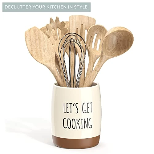 Ceramic Farmhouse Kitchen Utensil Holder For Countertop, Decorative Kitchen Utensil Holder, Large Kitchen Utensil Holder For Kitchen Counter, Utensil Crock Spatula Holder, 6.5" Cream - Image 3