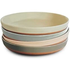 Ora Ceramic Flat Pasta Bowl Set Of 4-35oz, Microwave Safe Plate With High Edge - Modern Porcelain Dinnerware For Kitchen And Eating, Large Wide Bowls/Plates For Serving Dinner, Salad, Etc- Neutrals