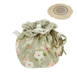 KKEKOS Tea Cozy Cotton Vintage Floral Tea Cosy For Teapots Keep Warm Teapot Cover Insulated Kettle Cover For Home Kitchen Decor Tea Cozies With Cup Mat (Grey)
