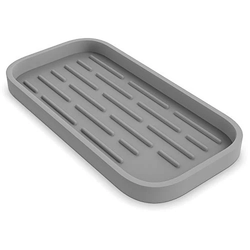 Kitchen Sink Organizer | Silicone Sponge Holder - Storage Tray For Dish Sponge, Soap Dispenser, Scrubber 9.6"x 4.9" (Gray)