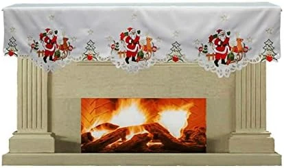 Holiday Christmas Embroidered Santa Reindeer Poinsettia Table Runner 15x69 White - Image 3