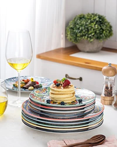 Ceramic Salad Dinner Plate 8.7 Inch, Colorful Plates Set Of 6 For Dessert, Appetizer, Snacks - Porcelain Serving Dishes For Thanksgiving & Christmas, Dinnerware Set - Bohemian Style - Image 4
