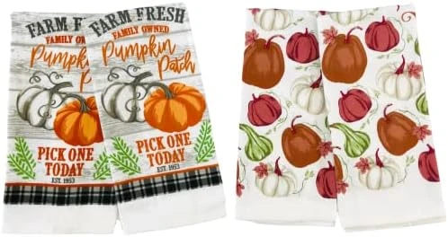 Farmhouse Fall Kitchen Towels: Natural Autumn Colored Falling Leaves And Acorns And Plaid With Pumpkin Applique, Cotton Flat Weave - Image 4