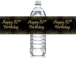 Black And Gold 50th Birthday Party Water Bottle Labels - 24 Stickers