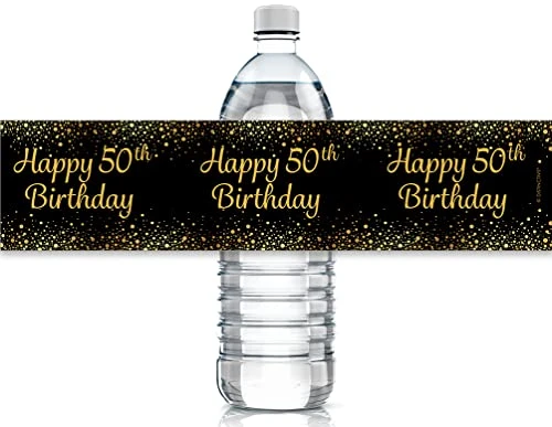 Black And Gold 50th Birthday Party Water Bottle Labels - 24 Stickers