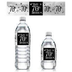 Black And Silver 70th Birthday Water Bottle Labels - Shiny Foil - 24 Stickers