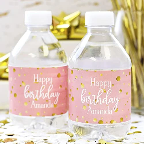 Personalized Pink And Gold Birthday Water Bottle Labels - 24 Stickers