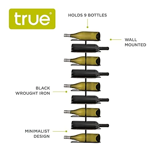True Rue Align Wall-Mounted Wine Rack, Black Wrought Iron, Minimalist Modern Wine Display, Alcohol Storage Solution, Holds Nine Standard Wine Bottles, 37.75" X 9.75" - Image 2