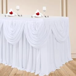 White Tutu Table Skirts For Rectangle Tables 6ft Draped Pleated Table Skirt Polyester Tablecloth For Birthday Party Banquet Wedding Baby Shower Table Decorations