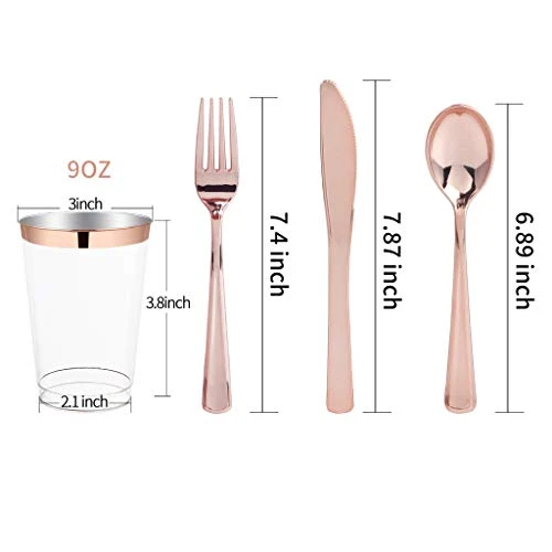 00000 150 Pcs Rose Gold Plastic Plates & Silverware & Disposable Cups, Laced Design Includes 25 Dinner Plates 10.25" 25 Dessert Plates 7.5" 25 Tumblers 25 Forks 25 Knives 25 Spoons For Party - Image 5