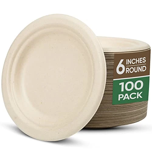 Paper Plates, 100 Pack 6 Inches Disposable Plates – 100% Compostable Plates, Water & Oil Proof Dessert Plates, Microwavable Small Paper Plates, Perfect Paper Plate For Party - Brown