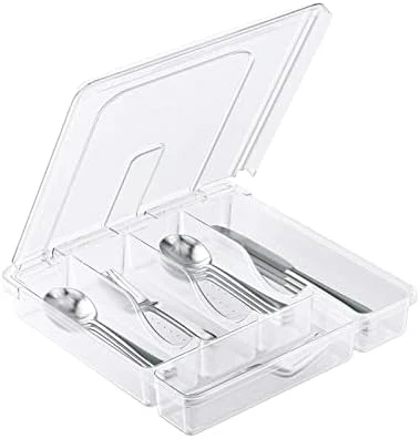 Utensil Holder For Countertop With Lid, Plastic Silverware Tray For Drawer, 5 Compartments Flatware Organizer, Black - Image 9