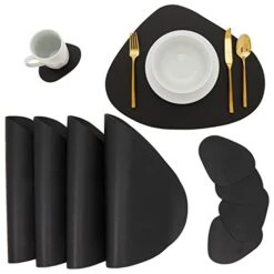 Faux Leather Placemats Set Of 4, Table Mats With 4 Wedge Coasters for Kitchen Dinning Tables (Black, 8 Pieces)