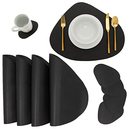 Faux Leather Placemats Set Of 4, Table Mats With 4 Wedge CoastersĀ for Kitchen Dinning Tables (Black, 8 Pieces)