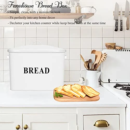 Bread Box, Metal Bread Box With Lid For Kitchen Countertop, Large Bread Bin Holder Storage Container - 13" X 9.8" X 7.3" - Holds 2+ Loaves, Modern Farmhouse & Vintage Style - White - Image 3