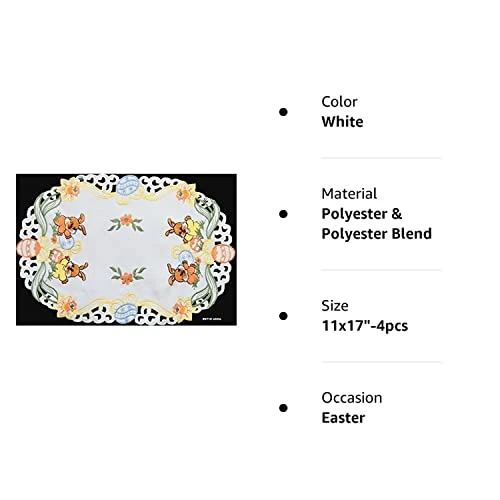 4PCS Embroidered Easter Bunny Egg Floral Placemats 11x17 Oval White, Set Of 4 Pieces
