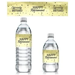Black And Gold Retirement Party Water Bottle Labels - Shiny Foil - 24 Stickers