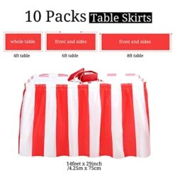 10 Pack Table Skirt Disposable Red And White Striped Table Skirts Carnival Theme Party Decorations Disposable Plastic Table Skirts For Weddings Reception Engagement Party Baby Shower (29 In X 14 Ft)