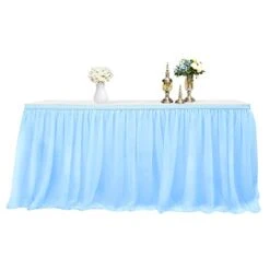 Tulle Table Skirt High-end Gold Brim Mesh Fluffy Tutu Table Skirt For Party,Wedding,Birthday Party&Home Decoration (9FT X 0.8M, Blue)