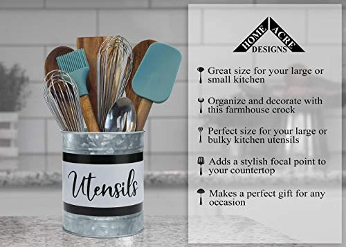 Kitchen Utensil Holder - Farmhouse Crock For Countertop Utensils, Black & White - Image 2