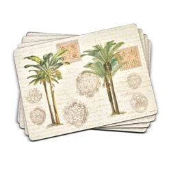 Vintage Palm Study Collection Placemats | Set Of 4 | Heat Resistant Mats | Cork-Backed Board | Hard Placemat Set For Dining Table | Measures 15.7β X 11.7β