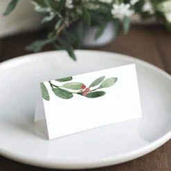Bliss Collections Greenery Holiday Place Cards For Christmas Party, Wedding Or Special Winter Event! Seating Place Cards For Tables, Scored For Easy Folding, 50 Pack, 2 X 3.5 Inches