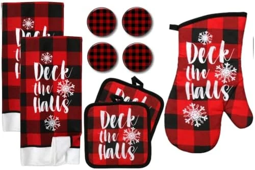 Holiday Farmhouse Kitchen Towel Set With Pot Holders Oven Mitt And Set Of Refrigerator Magnets Modern Farmhouse Decor - Red Truck (Dashing Through The Snow Truck) - Image 5