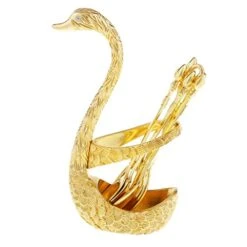Fruit Spoon Stainless Dessert Set For Salad Fruit Cake Swan Base Holder, Gold, 15.5x8x5cm