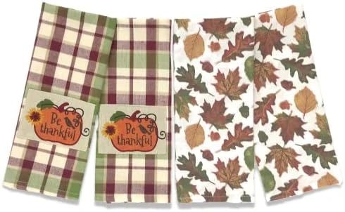 Farmhouse Fall Kitchen Towels: Natural Autumn Colored Falling Leaves And Acorns And Plaid With Pumpkin Applique, Cotton Flat Weave - Image 9