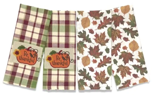 Farmhouse Fall Kitchen Towels: Natural Autumn Colored Falling Leaves And Acorns And Plaid With Pumpkin Applique, Cotton Flat Weave