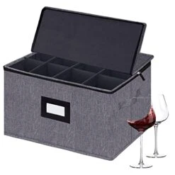 Wine Glass Storage Boxes, Stemware Storage Cases With Divider - China Storage Containers Hard Shell With Lids Holds 12 Wine Glass Or Crystal Glassware Storage Containers, Stackable With Label Window For Transport ,Protection,Moving (Dark Grey)