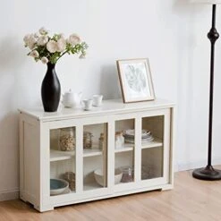 NOBRIM Sideboard Buffet With Glass Sliding Door, Storage Cabinet Cupboard For Pantry, Kitchen, Dining Room, Off-White