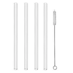 Clear Straight Glass Drinking Straws, 9" X 10 Mm Reusable Smoothie Straws, Set Of 4 With Cleaning Brush
