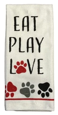 5 Pieces Eat Play Love Home Kitchen Set - 2 Pot Holders - 1 Oven Mitt - 1 Kitchen Towel - 1 Bamboo Spoon - Dog Cat Pet Lover Paw Prints